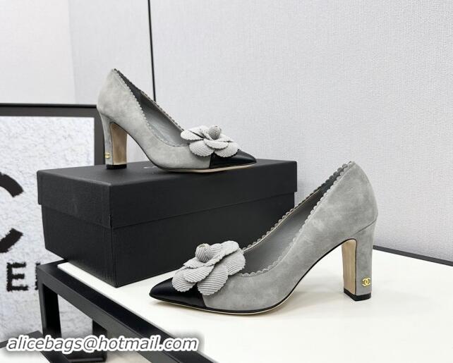 Grade Quality Chanel Suede & Calfskin Pointed Pumps with Camellia Bloom Grey 1017100