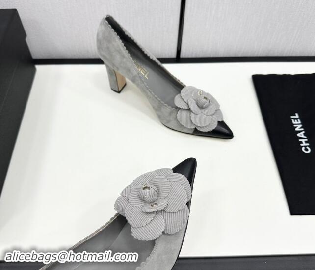 Grade Quality Chanel Suede & Calfskin Pointed Pumps with Camellia Bloom Grey 1017100