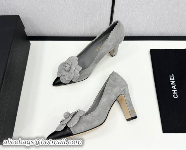 Grade Quality Chanel Suede & Calfskin Pointed Pumps with Camellia Bloom Grey 1017100