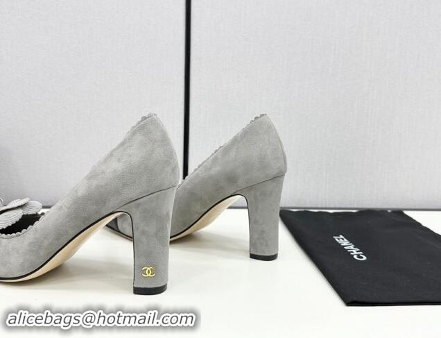 Grade Quality Chanel Suede & Calfskin Pointed Pumps with Camellia Bloom Grey 1017100