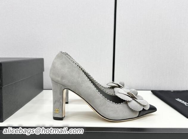 Grade Quality Chanel Suede & Calfskin Pointed Pumps with Camellia Bloom Grey 1017100