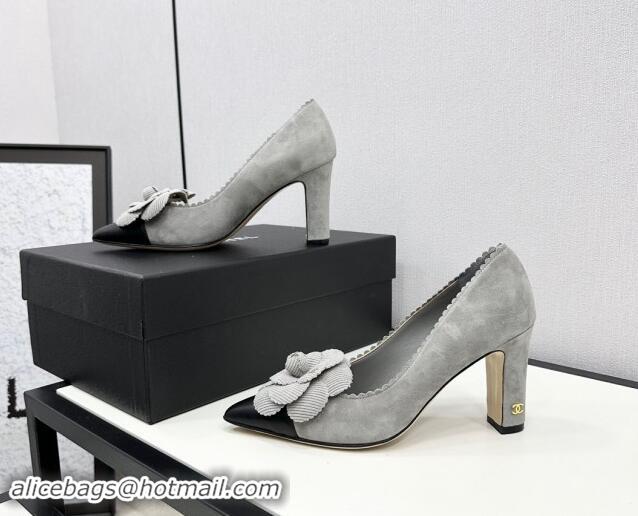 Grade Quality Chanel Suede & Calfskin Pointed Pumps with Camellia Bloom Grey 1017100