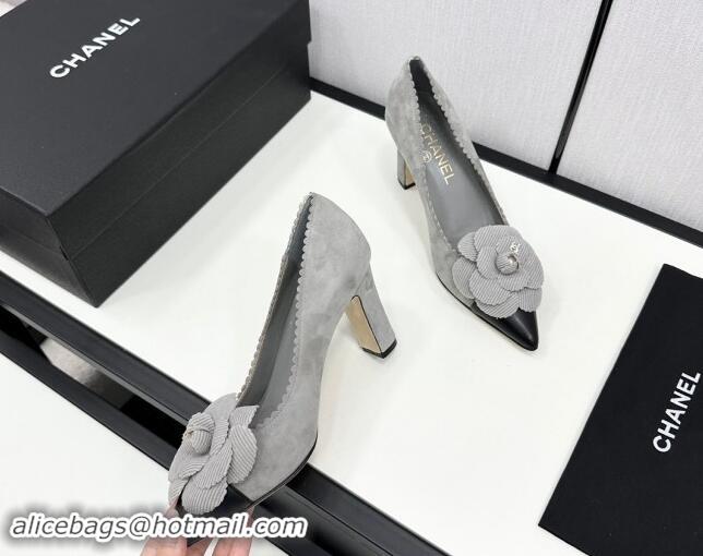 Grade Quality Chanel Suede & Calfskin Pointed Pumps with Camellia Bloom Grey 1017100