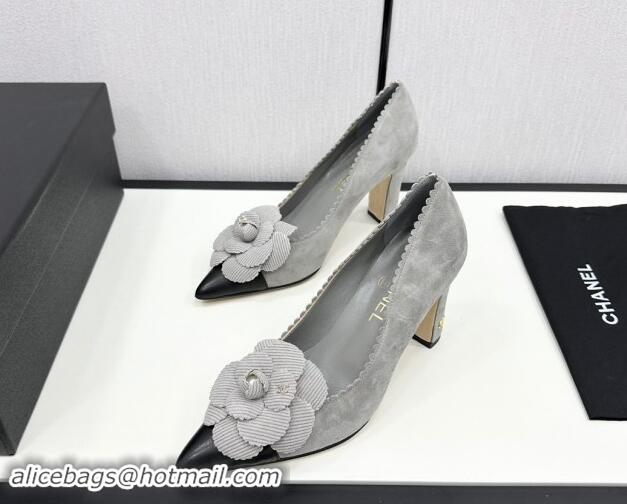 Grade Quality Chanel Suede & Calfskin Pointed Pumps with Camellia Bloom Grey 1017100