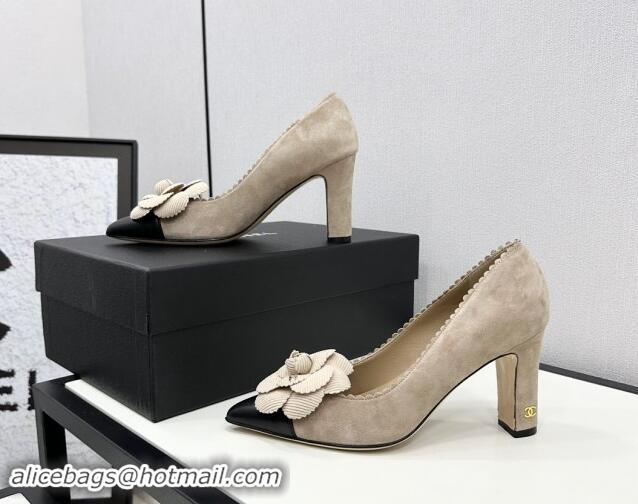 Most Popular Chanel Suede & Calfskin Pointed Pumps with Camellia Bloom Beige 1017101