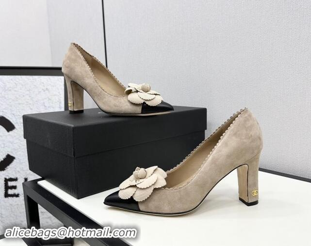 Most Popular Chanel Suede & Calfskin Pointed Pumps with Camellia Bloom Beige 1017101