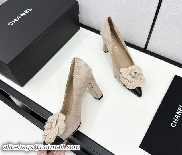 Most Popular Chanel Suede & Calfskin Pointed Pumps with Camellia Bloom Beige 1017101