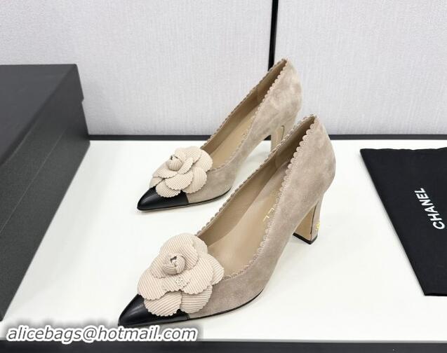 Most Popular Chanel Suede & Calfskin Pointed Pumps with Camellia Bloom Beige 1017101