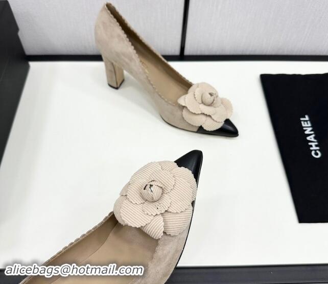 Most Popular Chanel Suede & Calfskin Pointed Pumps with Camellia Bloom Beige 1017101