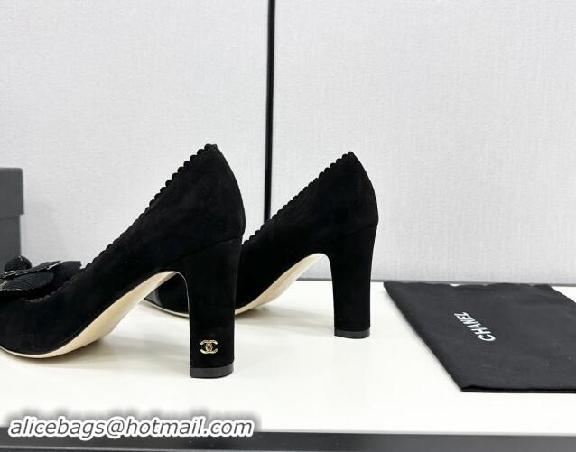 Low Price Chanel Suede & Calfskin Pointed Pumps with Camellia Bloom Black 1017102