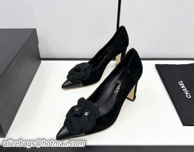 Low Price Chanel Suede & Calfskin Pointed Pumps with Camellia Bloom Black 1017102