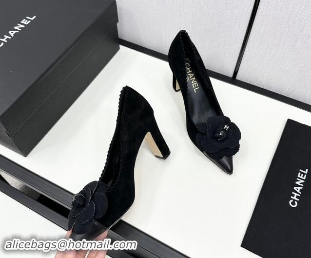 Low Price Chanel Suede & Calfskin Pointed Pumps with Camellia Bloom Black 1017102