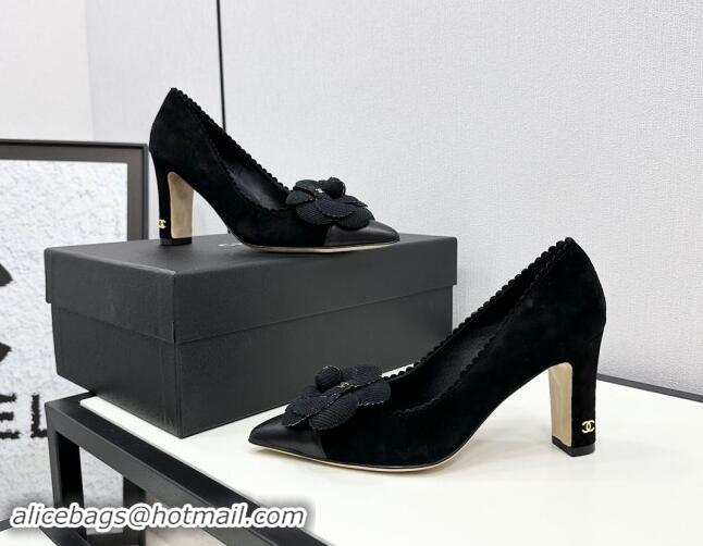 Low Price Chanel Suede & Calfskin Pointed Pumps with Camellia Bloom Black 1017102