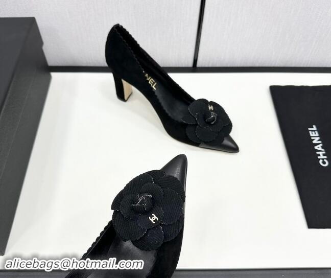 Low Price Chanel Suede & Calfskin Pointed Pumps with Camellia Bloom Black 1017102