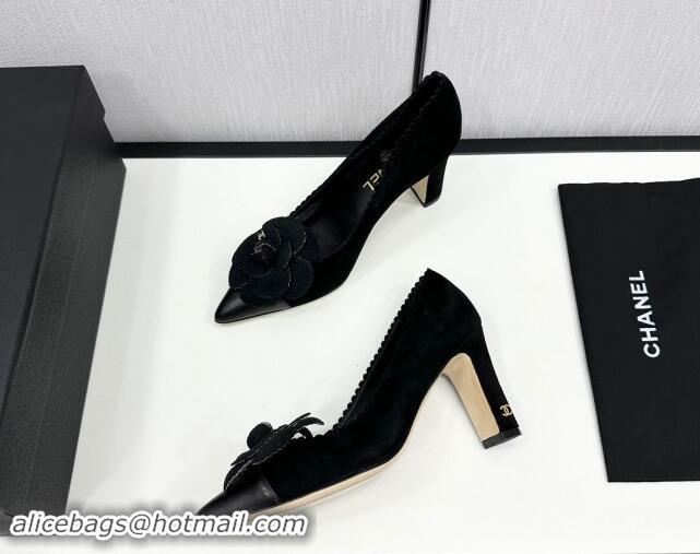 Low Price Chanel Suede & Calfskin Pointed Pumps with Camellia Bloom Black 1017102