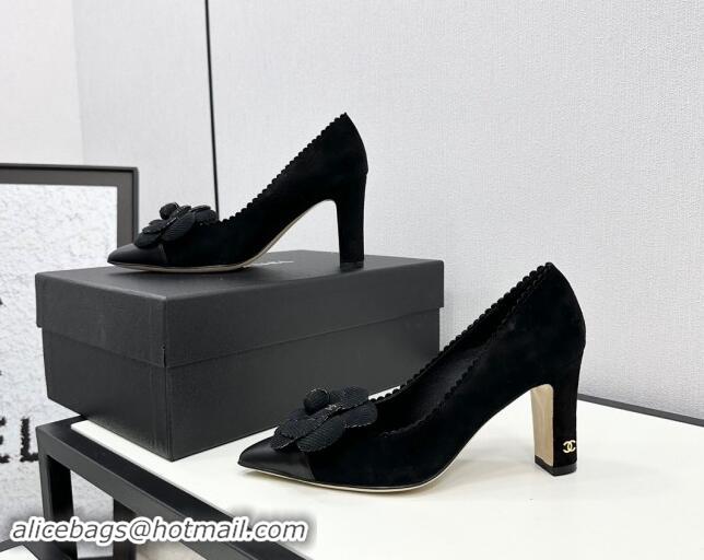 Low Price Chanel Suede & Calfskin Pointed Pumps with Camellia Bloom Black 1017102