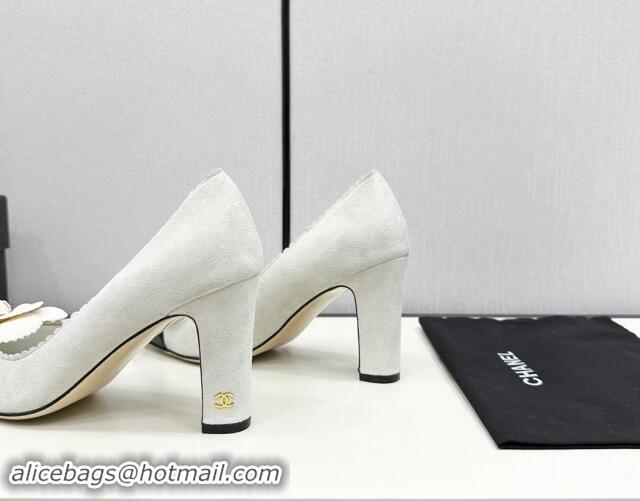 Luxurious Chanel Suede & Calfskin Pointed Pumps with Camellia Bloom White 1017103