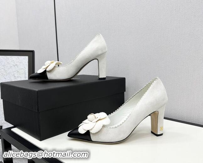 Luxurious Chanel Suede & Calfskin Pointed Pumps with Camellia Bloom White 1017103