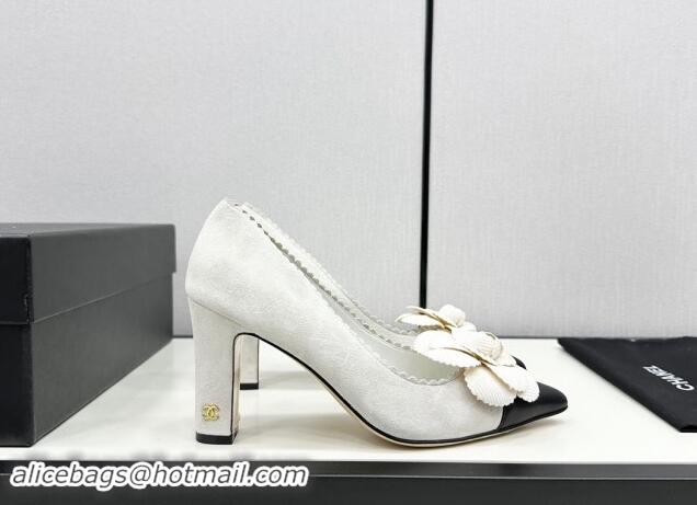 Luxurious Chanel Suede & Calfskin Pointed Pumps with Camellia Bloom White 1017103