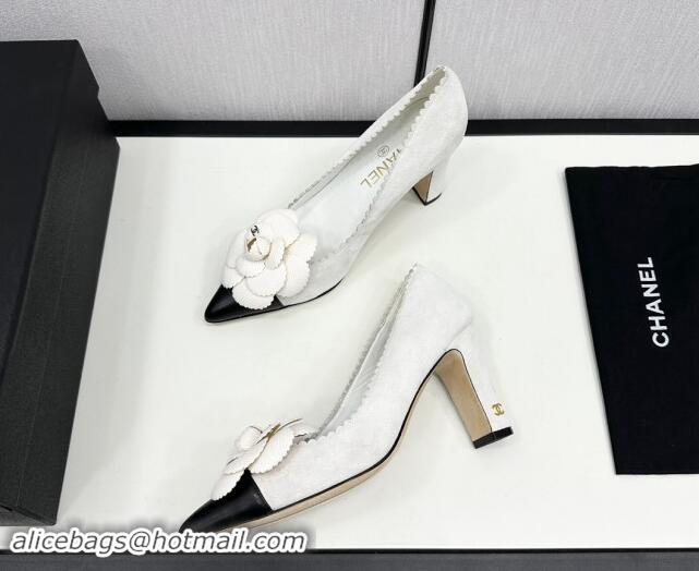 Luxurious Chanel Suede & Calfskin Pointed Pumps with Camellia Bloom White 1017103