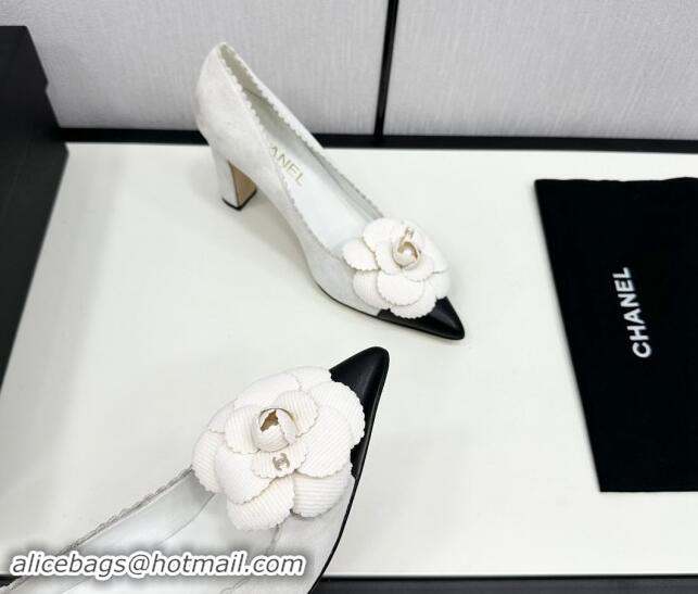 Luxurious Chanel Suede & Calfskin Pointed Pumps with Camellia Bloom White 1017103