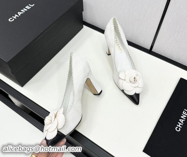 Luxurious Chanel Suede & Calfskin Pointed Pumps with Camellia Bloom White 1017103