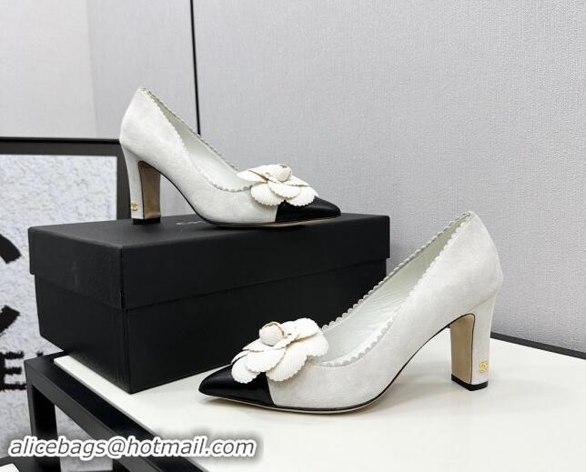 Luxurious Chanel Suede & Calfskin Pointed Pumps with Camellia Bloom White 1017103