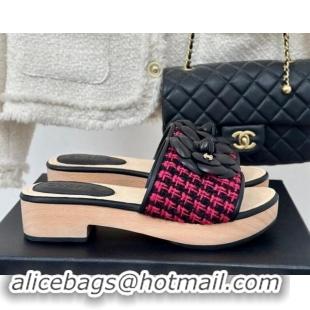 Sumptuous Chanel Tweed Wood Slides Sandal 4cm with Camellia Bloom Dark Pink/Black 1017104