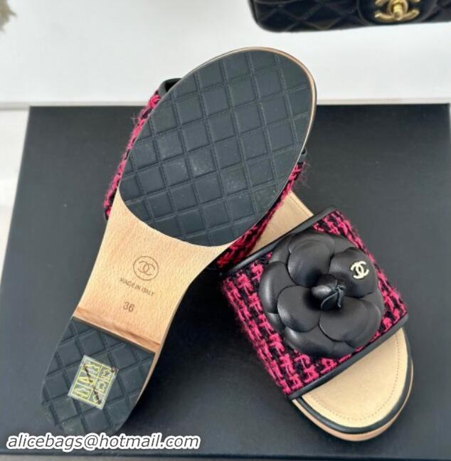 Sumptuous Chanel Tweed Wood Slides Sandal 4cm with Camellia Bloom Dark Pink/Black 1017104