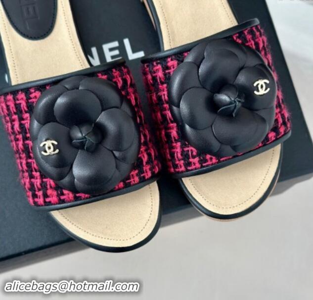 Sumptuous Chanel Tweed Wood Slides Sandal 4cm with Camellia Bloom Dark Pink/Black 1017104