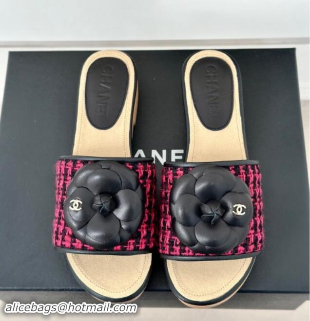 Sumptuous Chanel Tweed Wood Slides Sandal 4cm with Camellia Bloom Dark Pink/Black 1017104