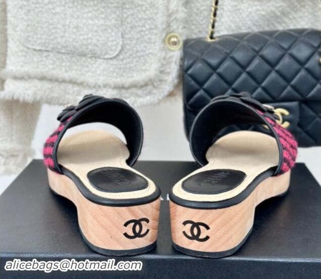 Sumptuous Chanel Tweed Wood Slides Sandal 4cm with Camellia Bloom Dark Pink/Black 1017104