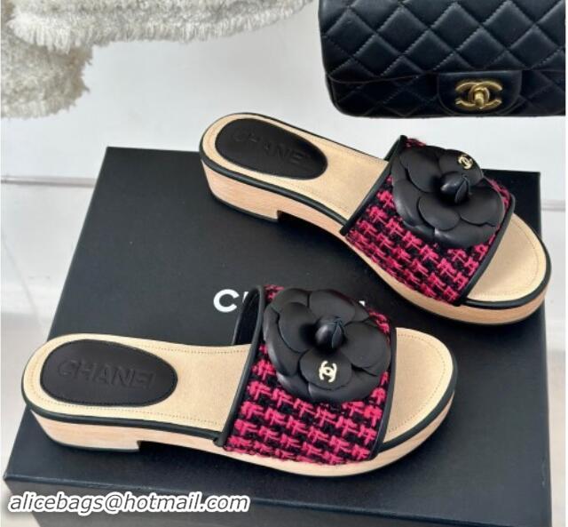 Sumptuous Chanel Tweed Wood Slides Sandal 4cm with Camellia Bloom Dark Pink/Black 1017104