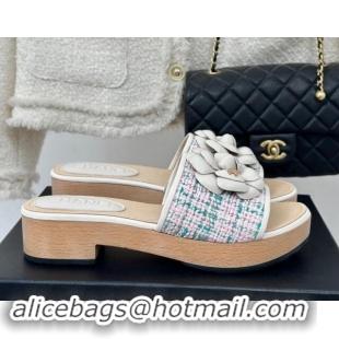 Stylish Chanel Tweed Wood Slides Sandal 4cm with Camellia Bloom Pink/Green 1017105