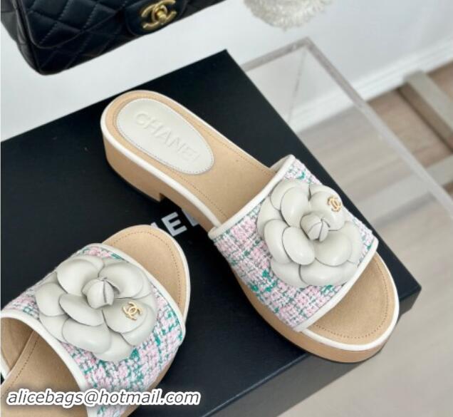 Stylish Chanel Tweed Wood Slides Sandal 4cm with Camellia Bloom Pink/Green 1017105