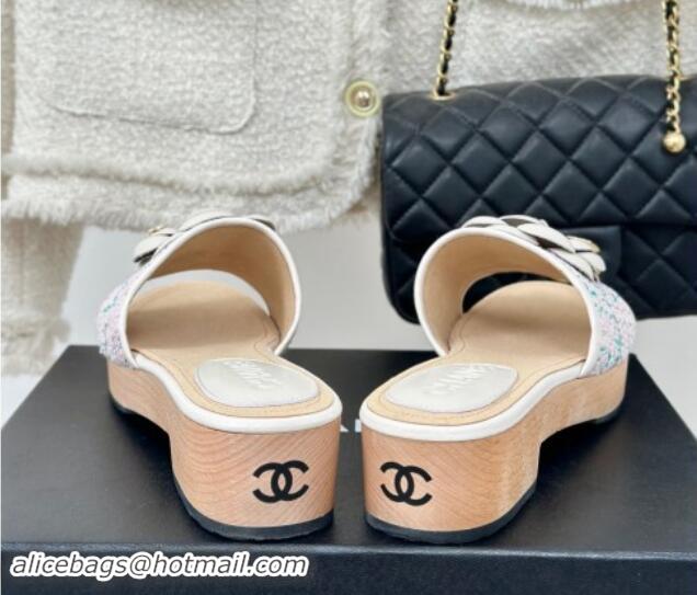 Stylish Chanel Tweed Wood Slides Sandal 4cm with Camellia Bloom Pink/Green 1017105