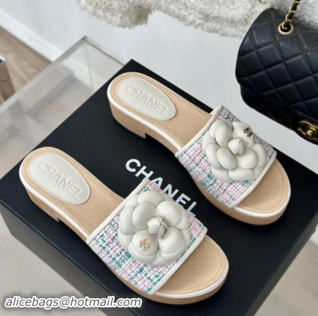 Stylish Chanel Tweed Wood Slides Sandal 4cm with Camellia Bloom Pink/Green 1017105