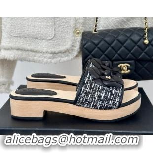 Perfect Chanel Tweed Wood Slides Sandal 4cm with Camellia Bloom Black/White 1017106