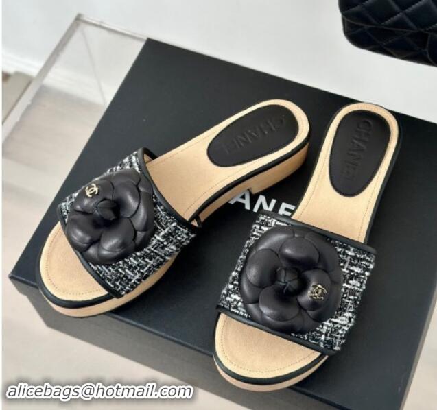 Perfect Chanel Tweed Wood Slides Sandal 4cm with Camellia Bloom Black/White 1017106