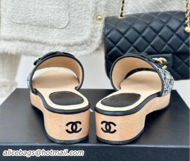 Perfect Chanel Tweed Wood Slides Sandal 4cm with Camellia Bloom Black/White 1017106