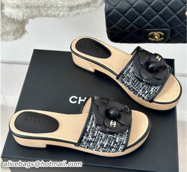 Perfect Chanel Tweed Wood Slides Sandal 4cm with Camellia Bloom Black/White 1017106