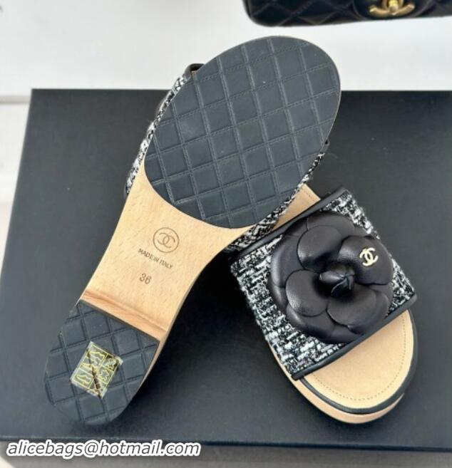 Perfect Chanel Tweed Wood Slides Sandal 4cm with Camellia Bloom Black/White 1017106