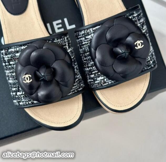 Perfect Chanel Tweed Wood Slides Sandal 4cm with Camellia Bloom Black/White 1017106