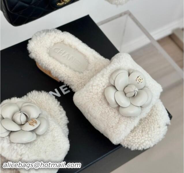 Low Cost Chanel Shearling Fur Slides Sandal 4cm with Camellia Bloom White 1017107