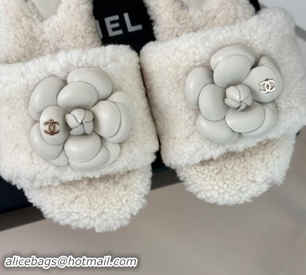 Low Cost Chanel Shearling Fur Slides Sandal 4cm with Camellia Bloom White 1017107