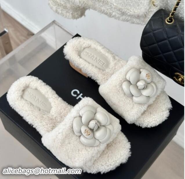 Low Cost Chanel Shearling Fur Slides Sandal 4cm with Camellia Bloom White 1017107