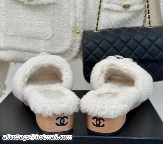 Low Cost Chanel Shearling Fur Slides Sandal 4cm with Camellia Bloom White 1017107