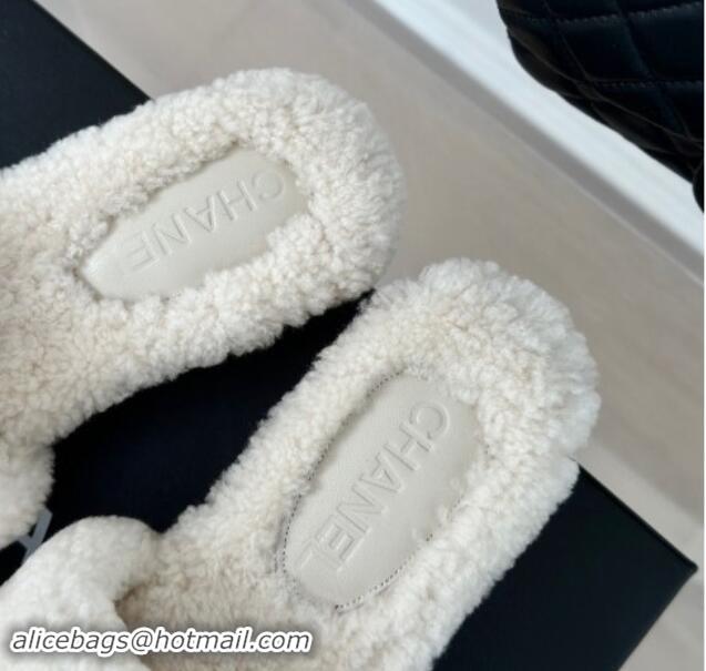 Low Cost Chanel Shearling Fur Slides Sandal 4cm with Camellia Bloom White 1017107