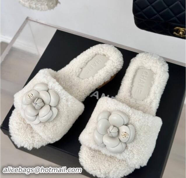 Low Cost Chanel Shearling Fur Slides Sandal 4cm with Camellia Bloom White 1017107