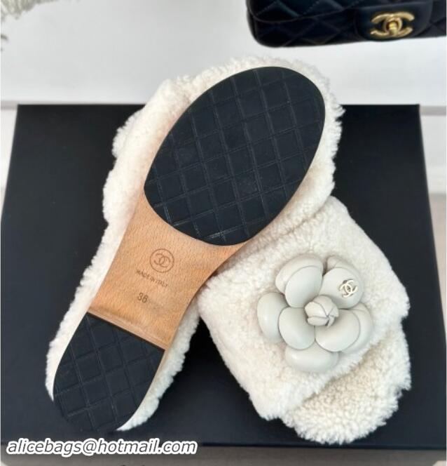 Low Cost Chanel Shearling Fur Slides Sandal 4cm with Camellia Bloom White 1017107